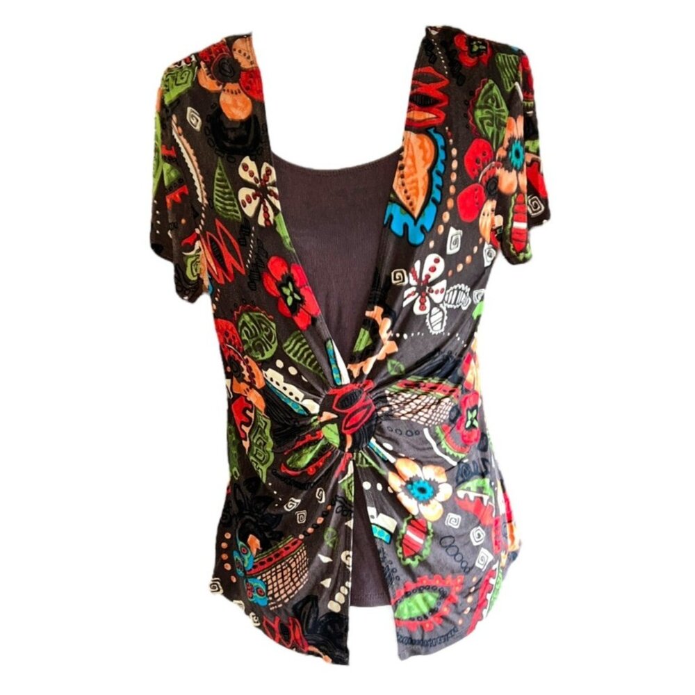 Choices Womens S Multicolor Floral Print Stretch Top W/ Knot Detail